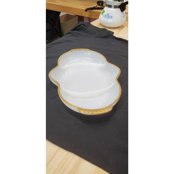 Vintage Fire King Oven Ware Divided Milk Glass Dish Gold Hobnail 22K Gold Trim - Picture 1 of 5